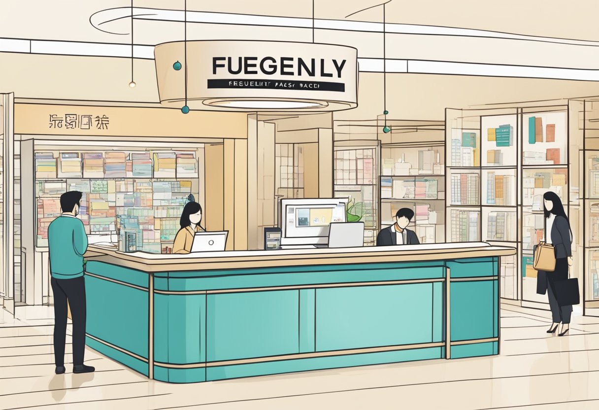 A customer service desk with a sign "Frequently Asked Questions" at Isetan Singapore. Nearby, people browsing and shopping