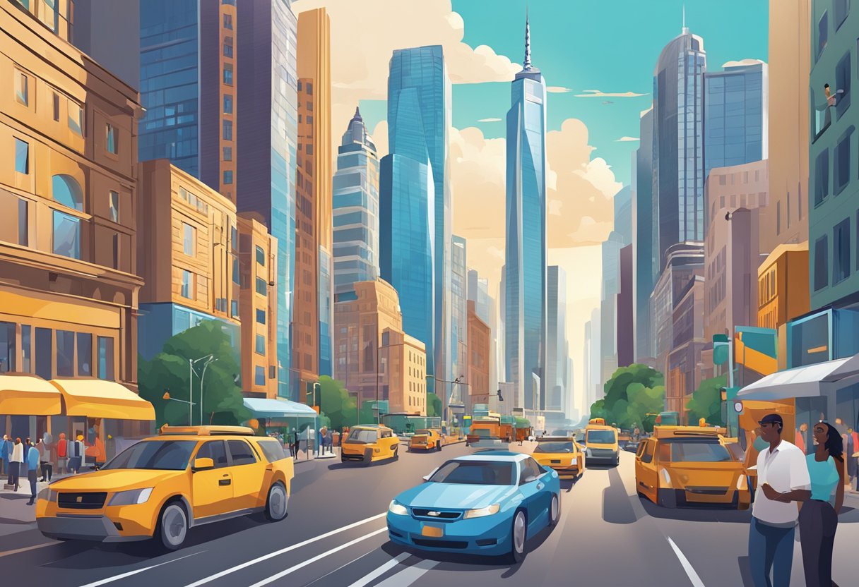 A bustling cityscape with modern skyscrapers and a vibrant street scene, featuring iconic landmarks and bustling activity