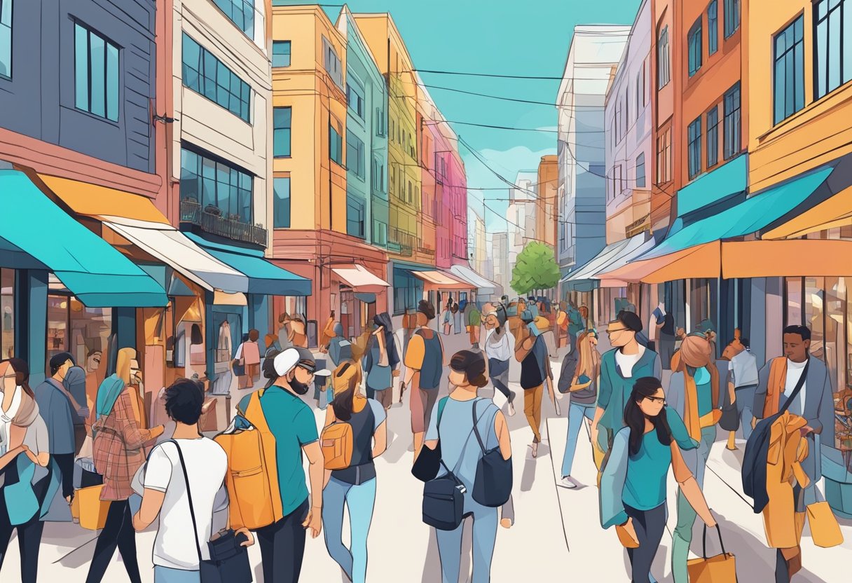 A bustling city street with modern architecture and vibrant colors, bustling with people and filled with trendy shops and cafes