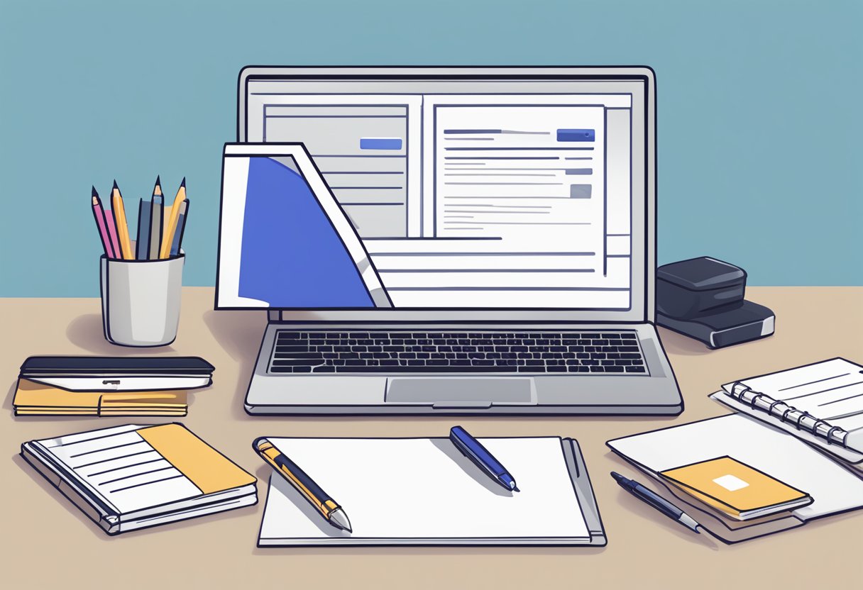 A stack of FAQ cards with the Klarra Singapore logo, surrounded by a laptop, pen, and notepad