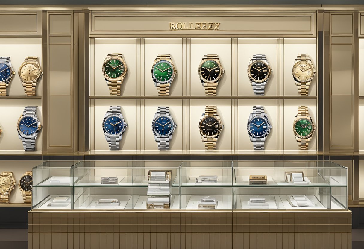 A display of various Rolex watches with price tags, accompanied by a sign that reads "Frequently Asked Questions" in a luxury watch store in Singapore