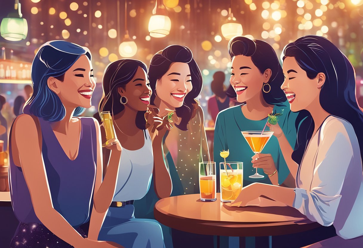 A group of women laughing and chatting at a trendy bar in Singapore, with colorful cocktails and city lights in the background
