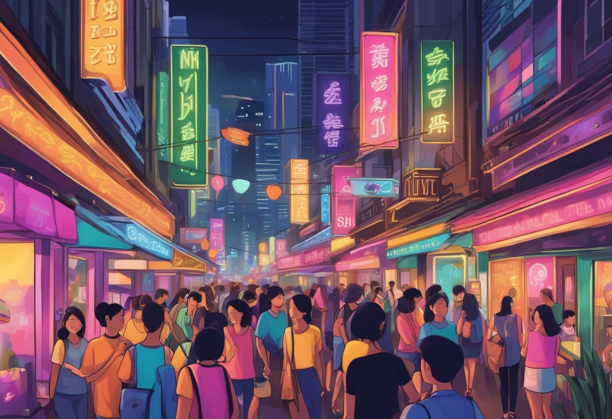 Colorful neon signs illuminate the bustling streets of Singapore. Crowds of women gather outside trendy bars and clubs, chatting and laughing as they prepare for a night of fun and excitement