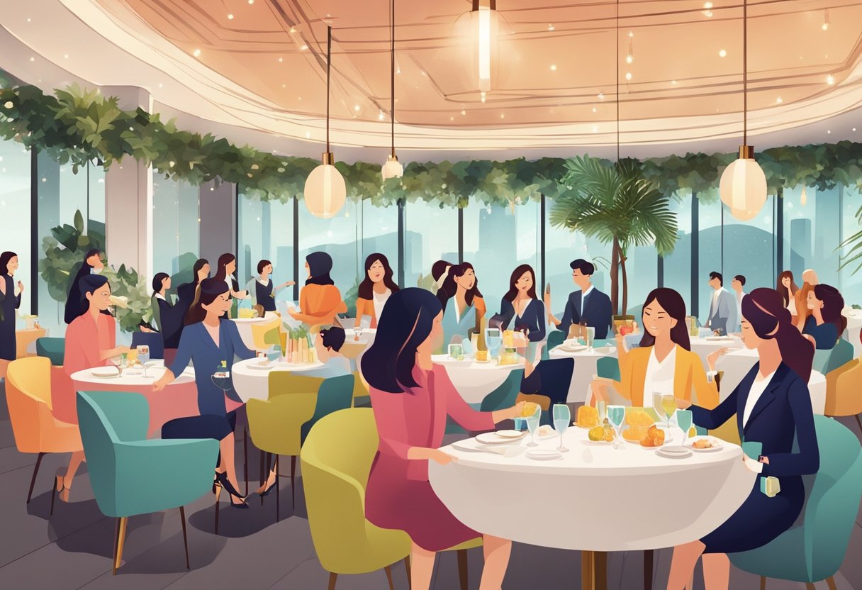 A group of women enjoying exclusive deals and promotions at a stylish venue in Singapore. The atmosphere is lively and vibrant, with elegant decor and a sense of excitement in the air