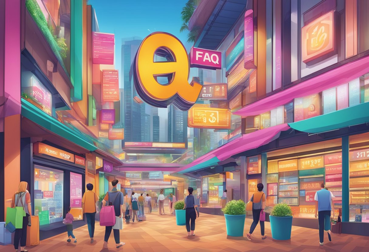 A vibrant display of FAQ signs at Funan Singapore, with colorful and eye-catching designs