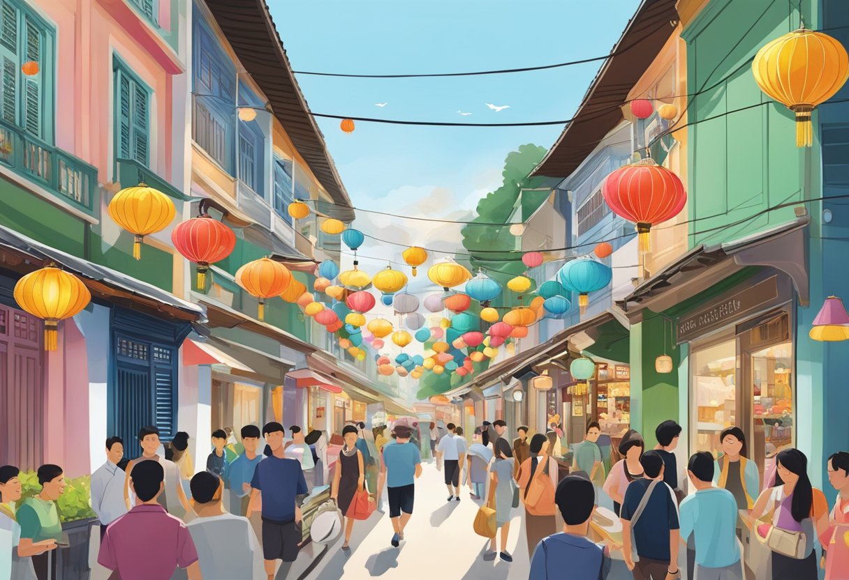 A bustling street in Sinpopo, Singapore, with colorful shophouses, hanging lanterns, and bustling markets