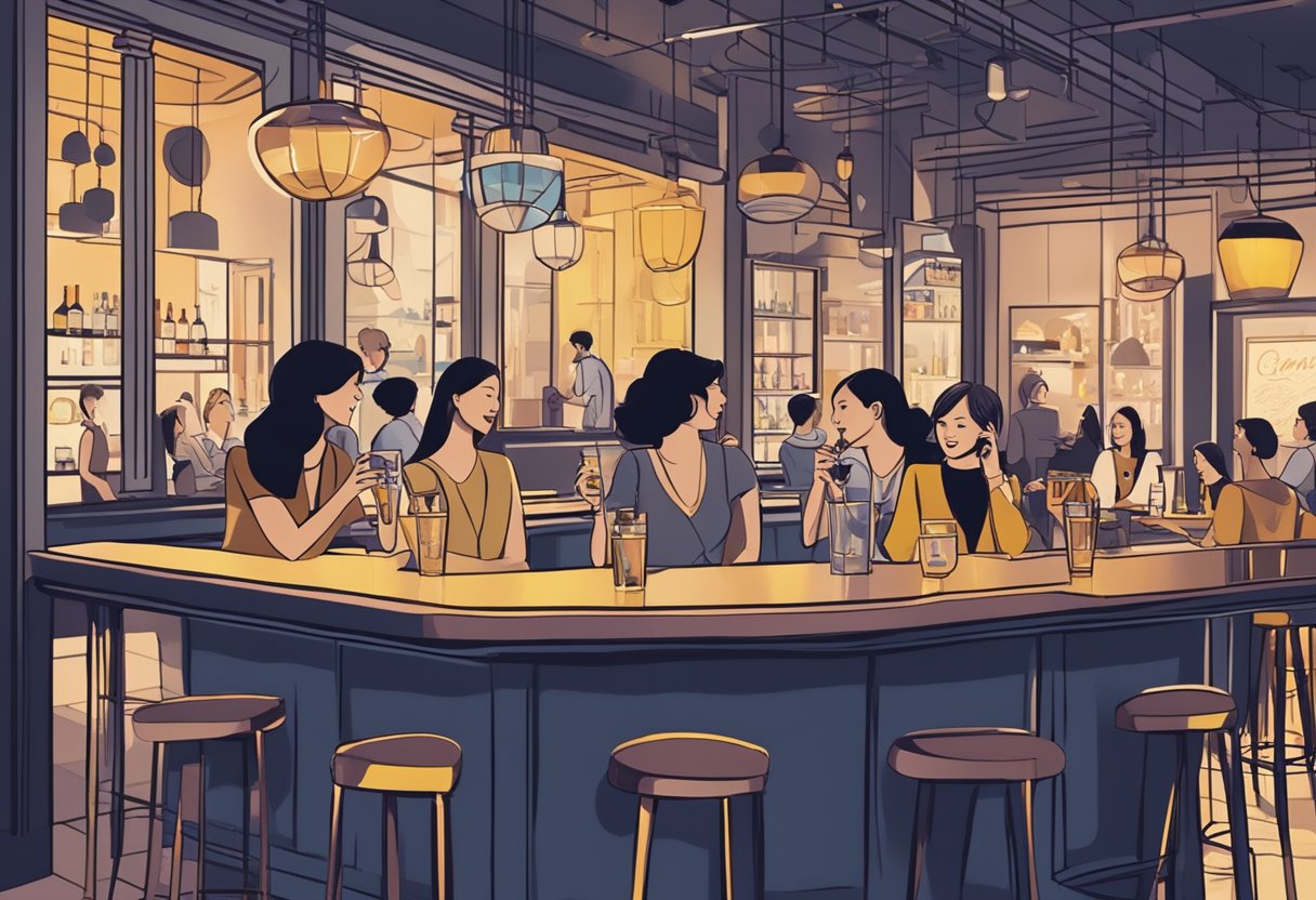 A group of women enjoying drinks and conversation at a trendy bar in Singapore, with a sign reading "Frequently Asked Questions ladies night" in the background