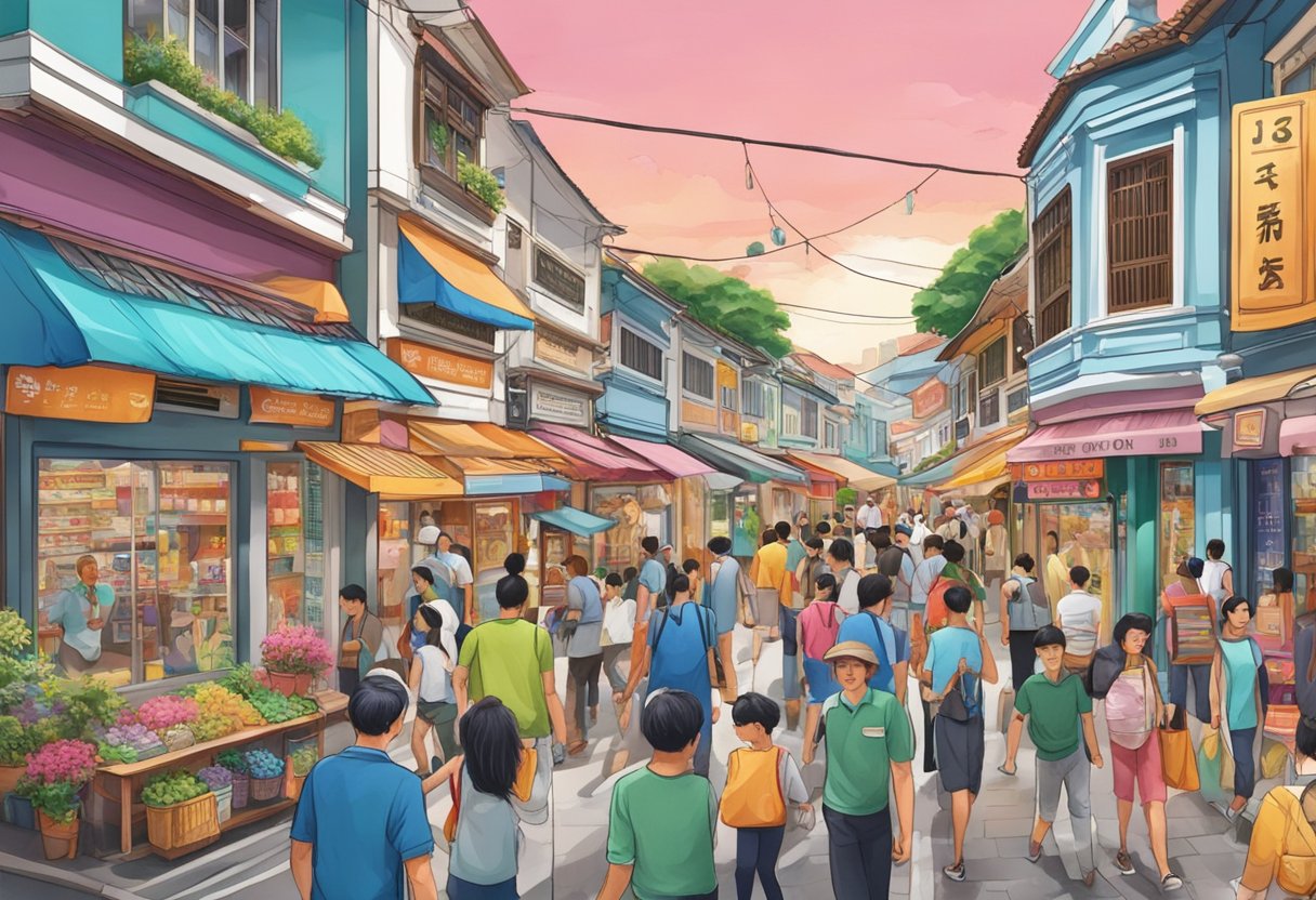 A bustling street in Sinpopo Brand, with colorful shopfronts and bustling activity, showcasing the vibrant energy of Singapore's local culture