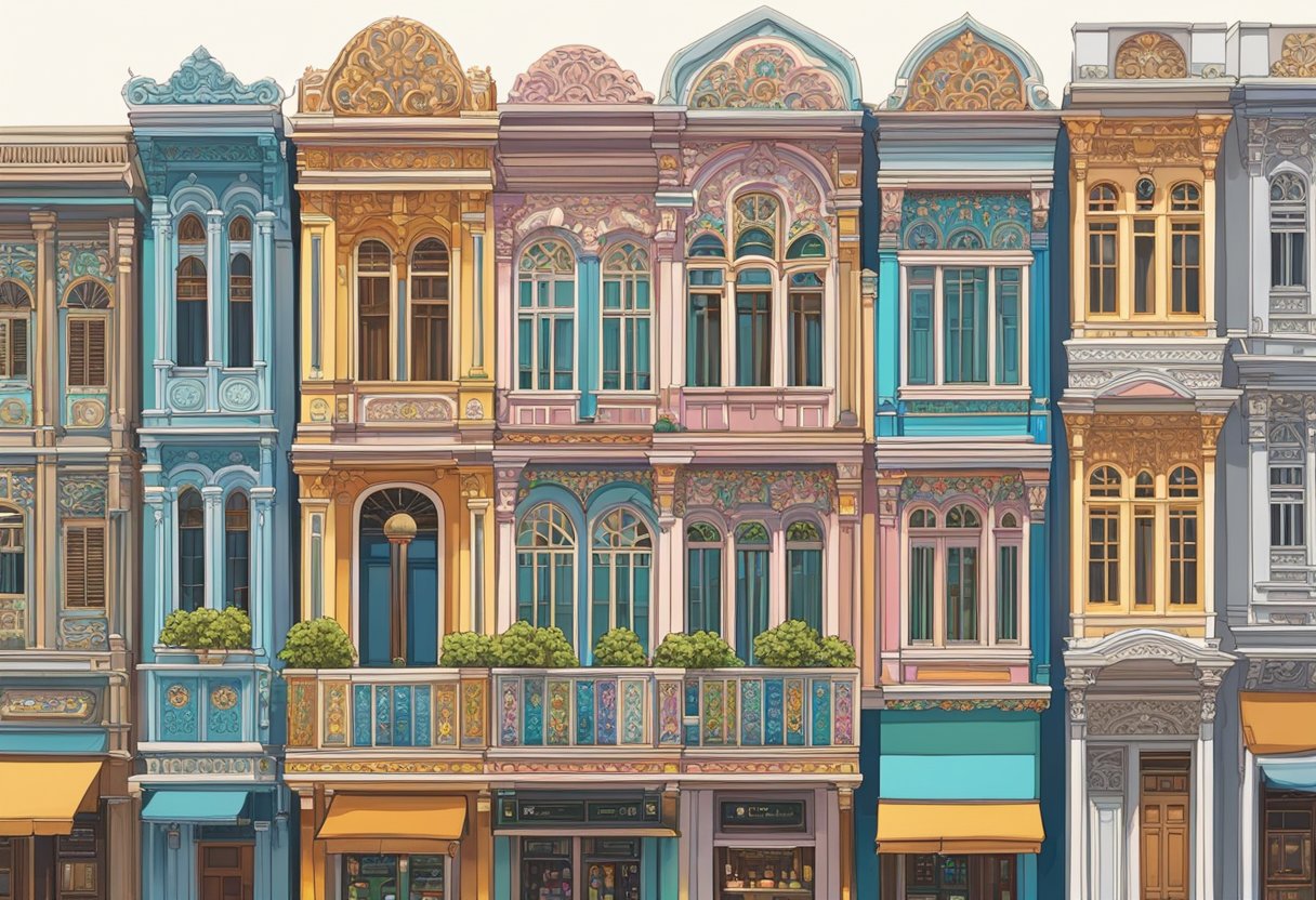 A row of colorful shophouses line the bustling streets of Singapore, their ornate facades adorned with intricate carvings and vibrant hues