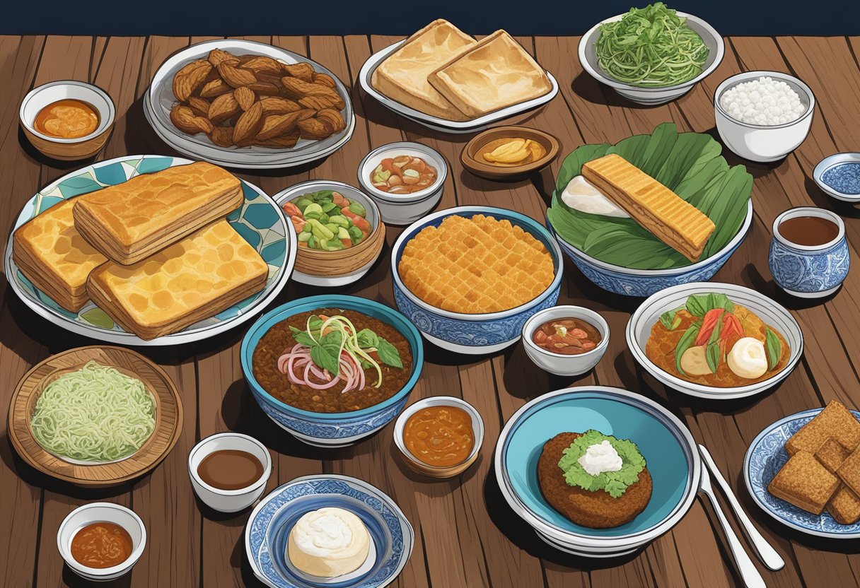 A colorful array of traditional Singaporean dishes, including Nasi Lemak, Kueh Salat, and Kaya Toast, are displayed on a rustic wooden table at Sinpopo, with vibrant Peranakan tiles in the background