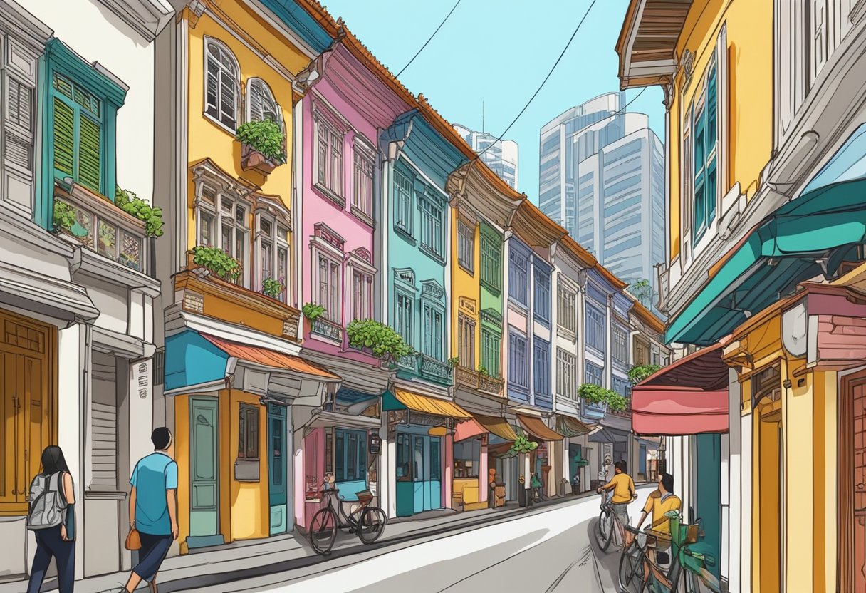 A row of colorful shophouses line the bustling streets of Singapore, featuring ornate facades and intricate architectural details. The narrow alleyways between the buildings are filled with vibrant signs and bustling activity