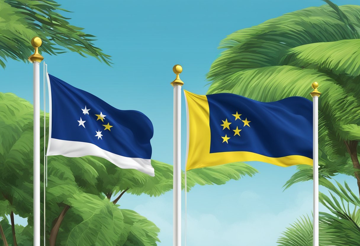 The two flags of Singapore and Solomon Islands waving side by side in a gentle breeze, set against a backdrop of clear blue skies and lush greenery