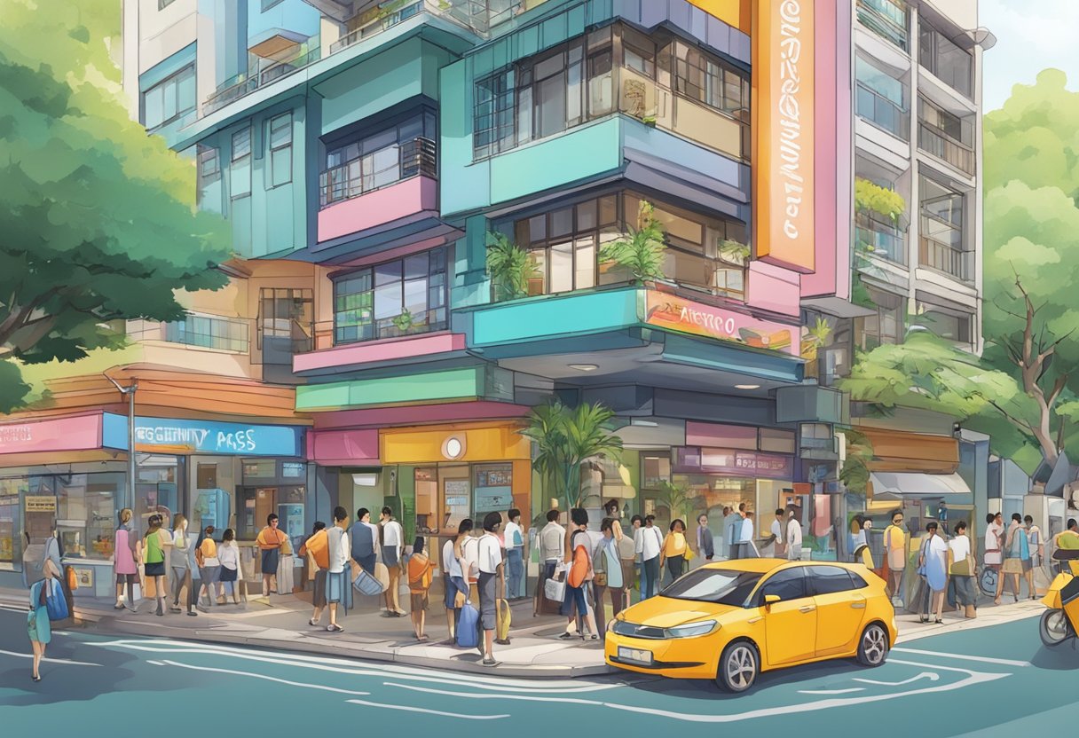 A bustling street with a colorful sign reading "Frequently Asked Questions" outside Sinpopo, Singapore