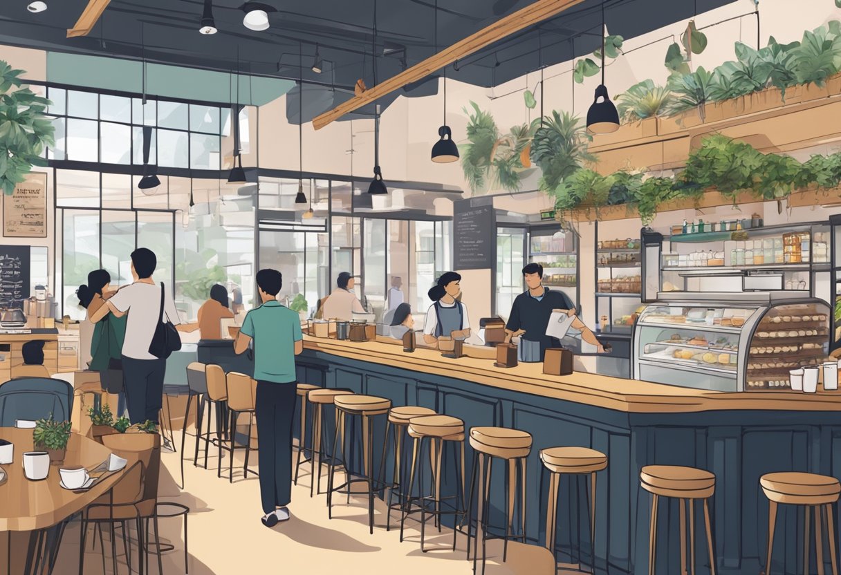 A bustling cafe in Singapore, with customers chatting and sipping coffee. Menu boards and a counter with pastries and drinks