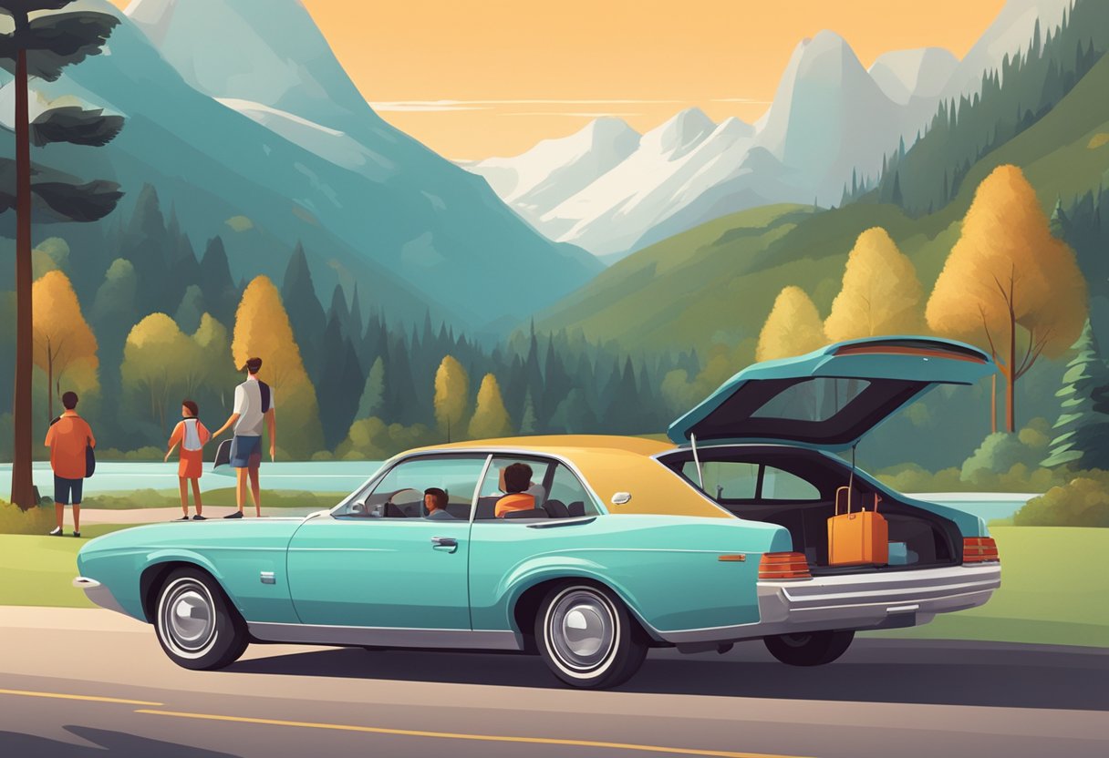 A sleek, modern car parked in front of a scenic backdrop, with a happy family loading luggage into the spacious trunk