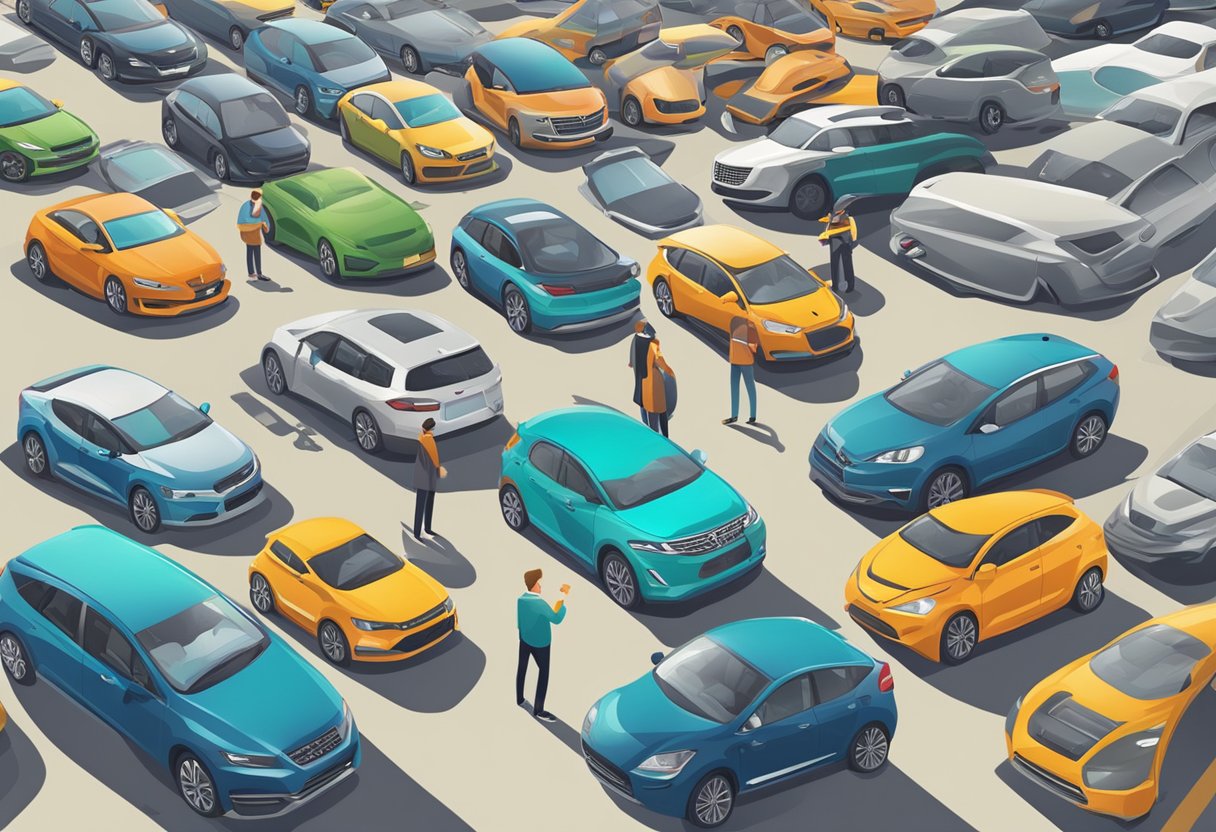 A person comparing different vehicles at a car rental lot, looking at features and prices for long-term use
