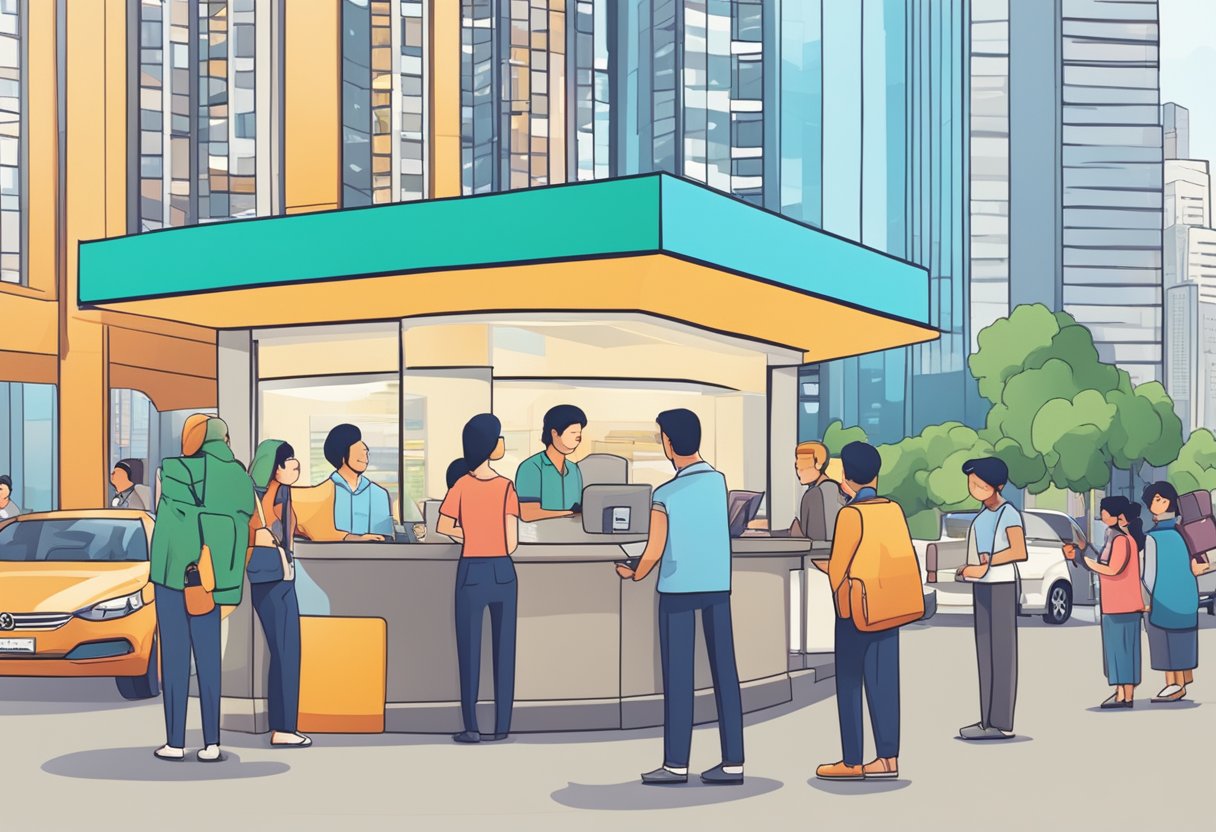 Customers lining up at a car rental counter, signage displaying "Frequently Asked Questions" in a busy Singapore cityscape