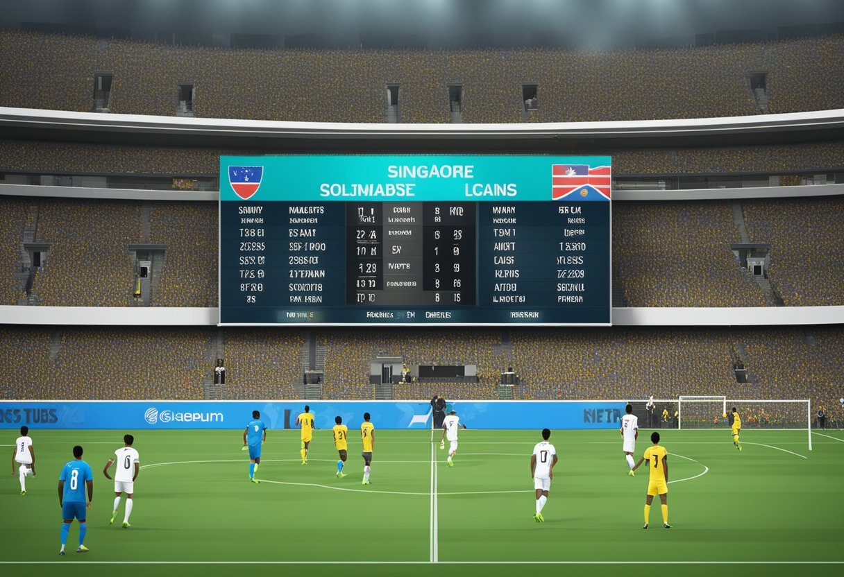 The Singapore vs Solomon Islands post-match details are displayed on a large digital scoreboard in a crowded stadium