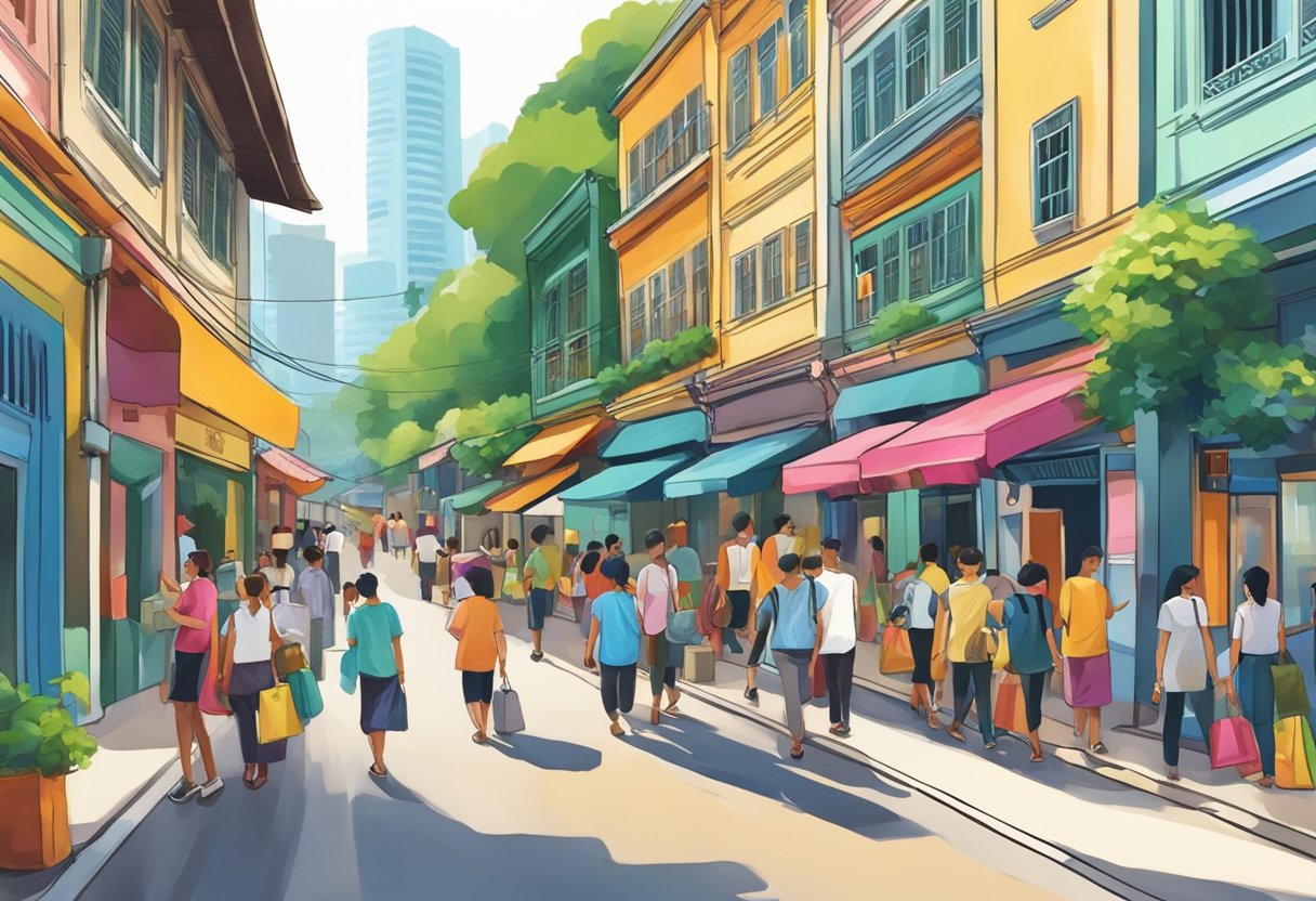 A bustling street in Singapore, with colorful shophouses lining the road. People are seen entering and exiting the buildings, some carrying bags and others chatting with the shop owners. The vibrant scene captures the energy and diversity of the city's shophouse