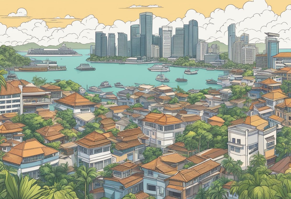 A bustling cityscape in Singapore contrasts with a serene tropical island in the Solomon Islands