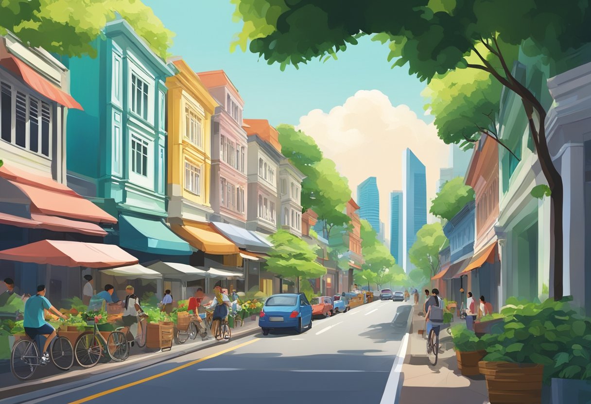 A bustling Singapore street with colorful buildings and lush greenery, as the iconic skyline looms in the distance