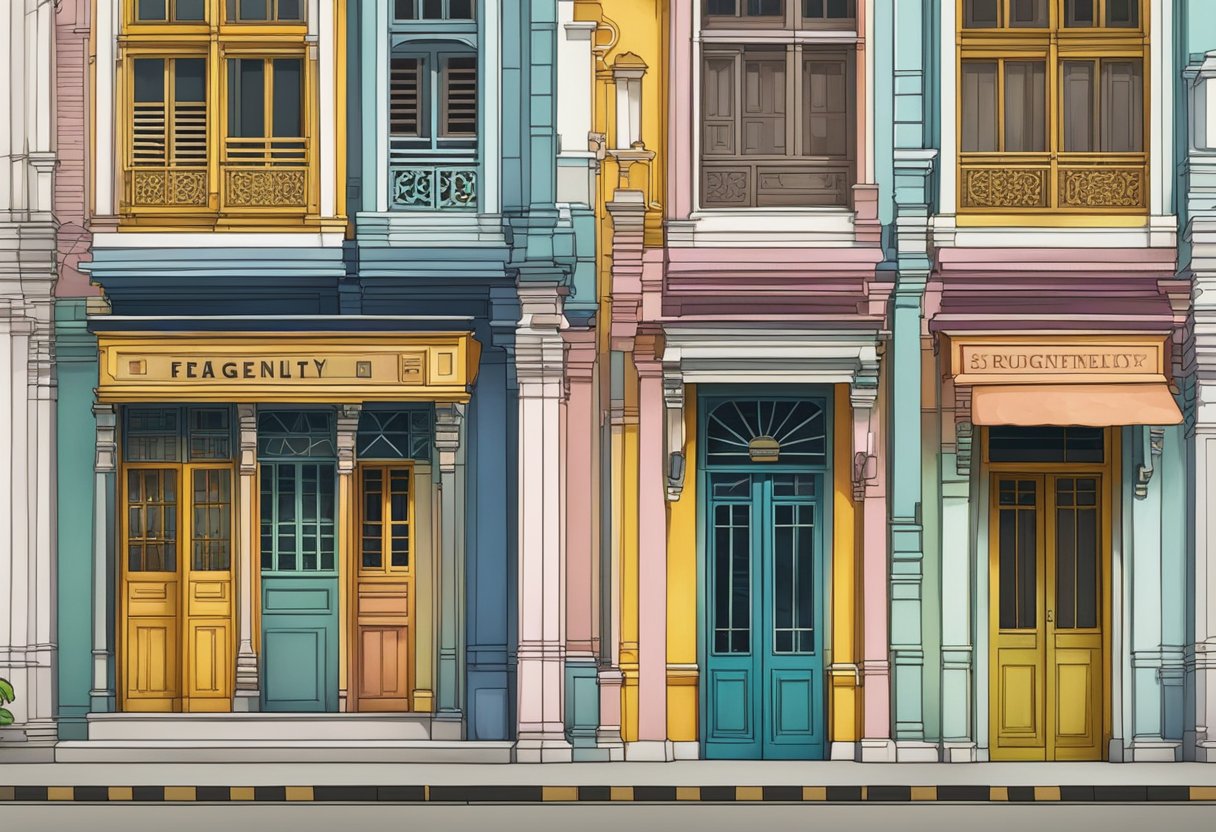 A colorful shophouse facade in Singapore, with intricate architectural details and a sign reading "Frequently Asked Questions."