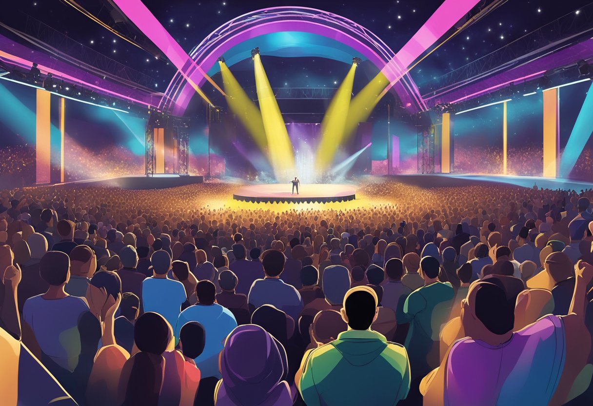 The stage is lit with colorful spotlights as the crowd sways to the music at the Maher Zain concert in Singapore