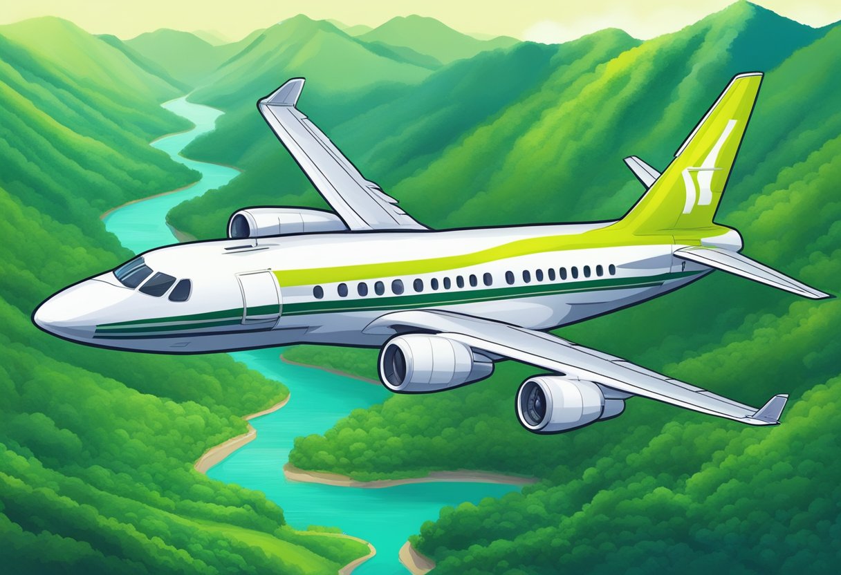 A plane flying from Singapore to Kunming over lush green mountains and winding rivers