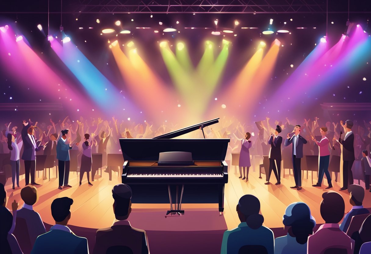 A stage with colorful lights, a grand piano, and a microphone stand. Audience members are clapping and cheering