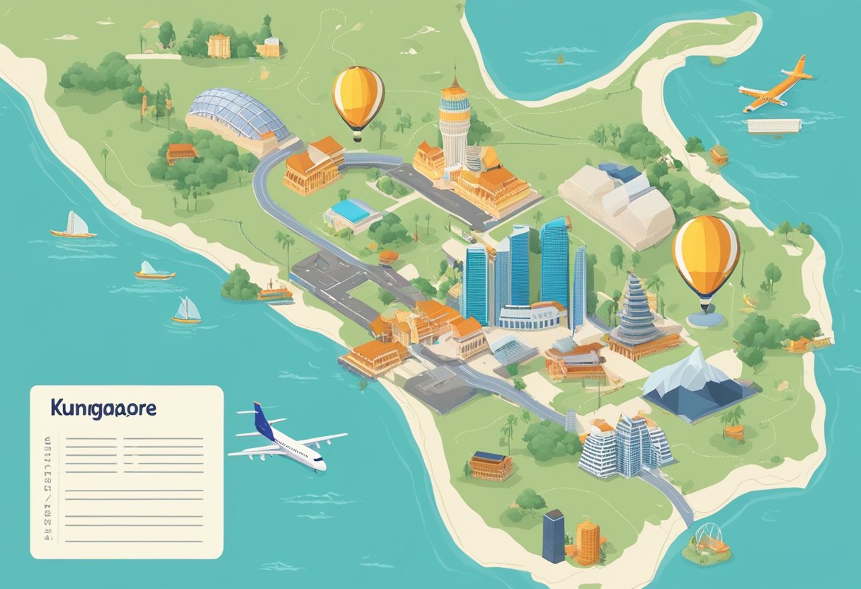 A map of Singapore and Kunming with a dotted line connecting the two cities, surrounded by travel essentials like a passport, plane tickets, and a backpack