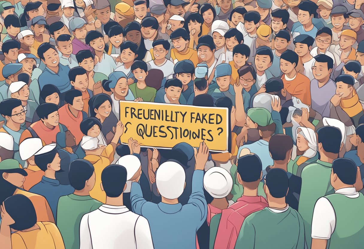 A crowd of diverse people gather around a sign that reads "Frequently Asked Questions Maher Zain Singapore." The atmosphere is lively and full of anticipation