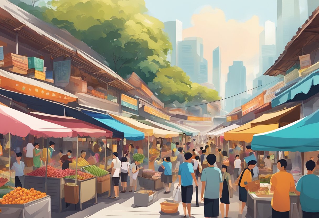 Busy marketplace in Singapore, with colorful stalls, bustling crowds, and vibrant street food vendors. The air is filled with the sounds of haggling and the aroma of exotic spices