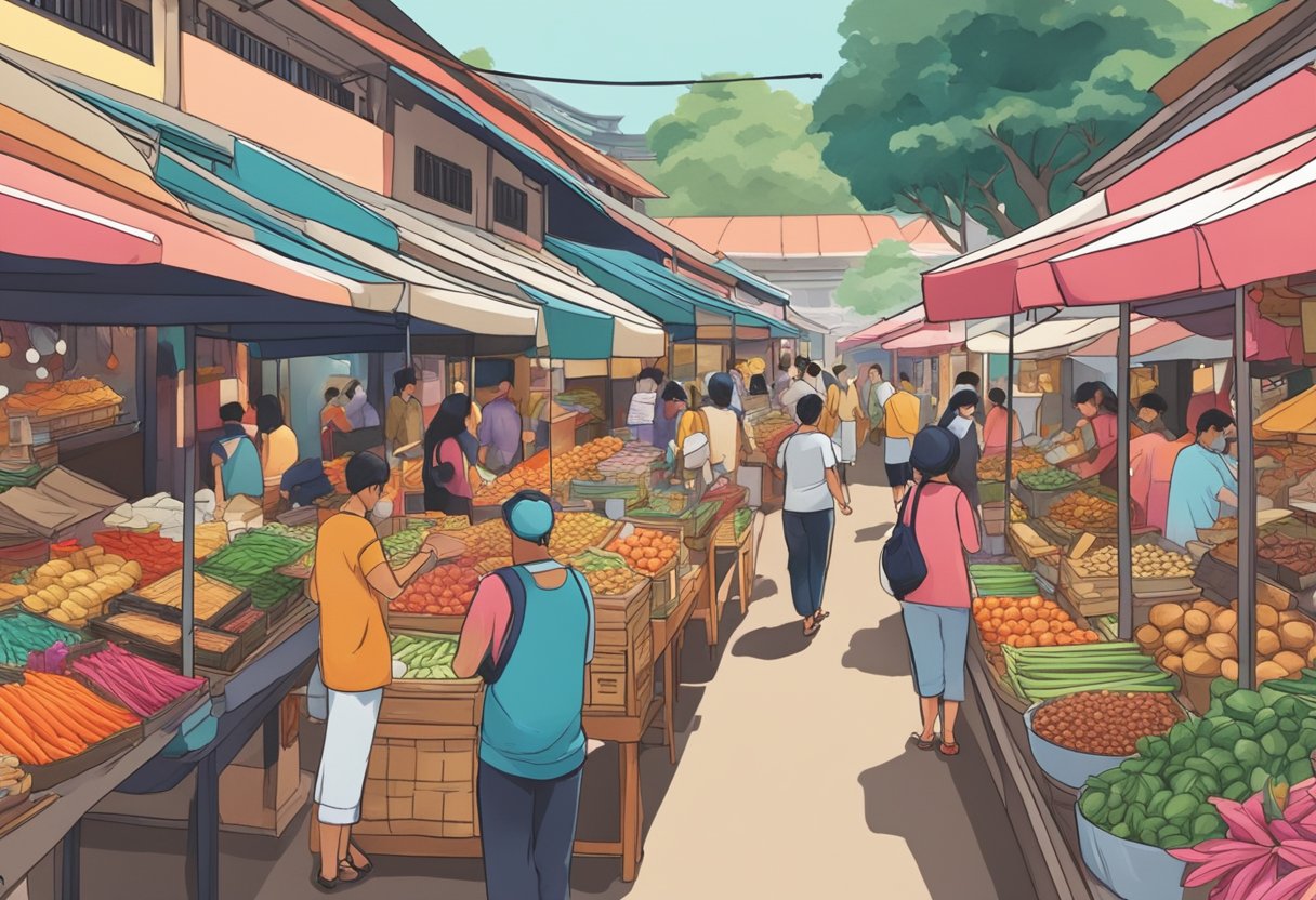 People bustling through colorful stalls in Singapore's marketplace. Aromatic food, vibrant textiles, and unique trinkets on display