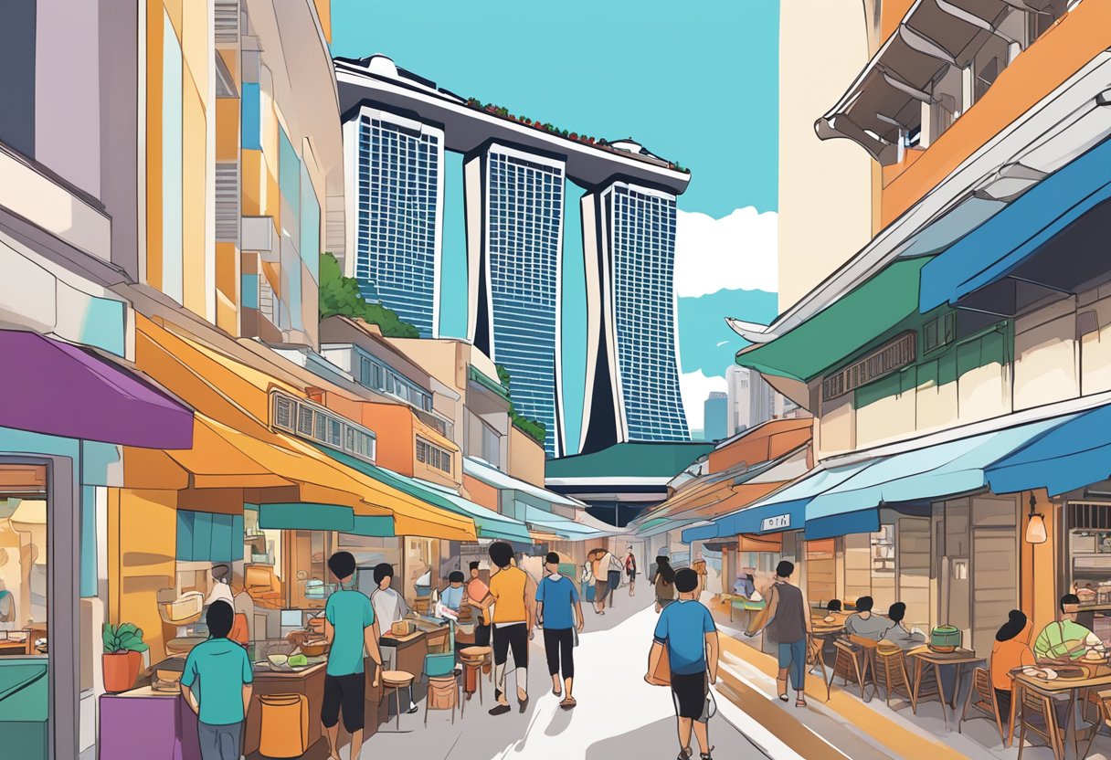 A bustling Singapore street with colorful shopfronts and a hawker stall selling steaming bowls of noodles. The iconic Marina Bay Sands hotel looms in the background