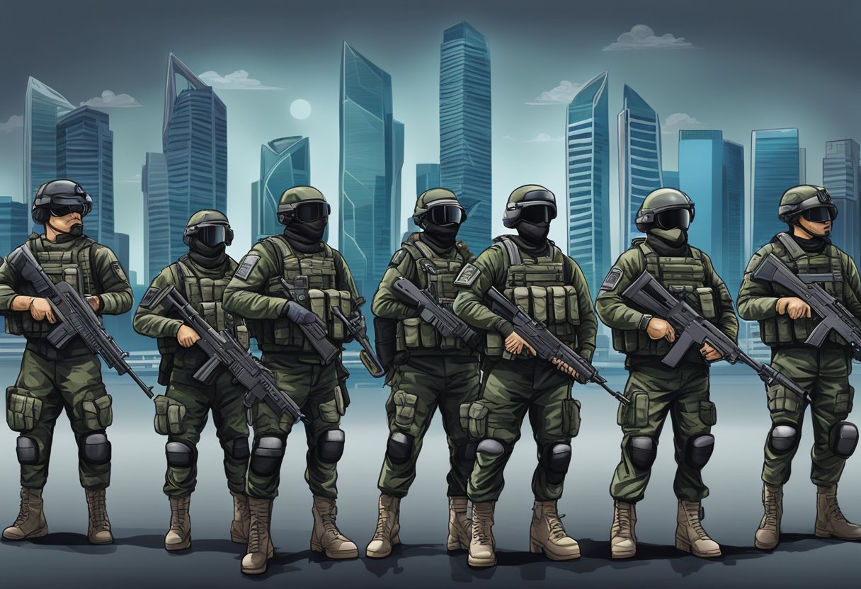 A group of Special Operations Forces in full gear, standing in formation with the Singapore skyline in the background