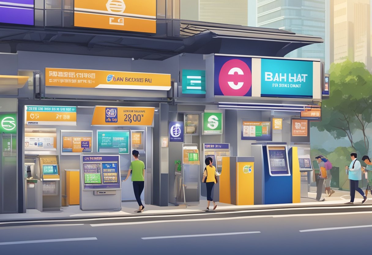 A currency exchange booth in Singapore displays the exchange rate for the Thai Baht. The booth is situated in a bustling urban area, with signs and advertisements in the background