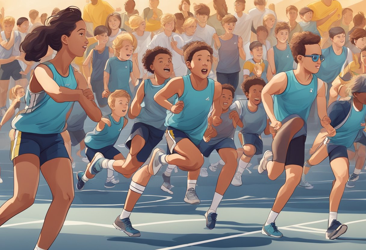 A group of young athletes training together with determination and focus, surrounded by supportive coaches and cheering spectators