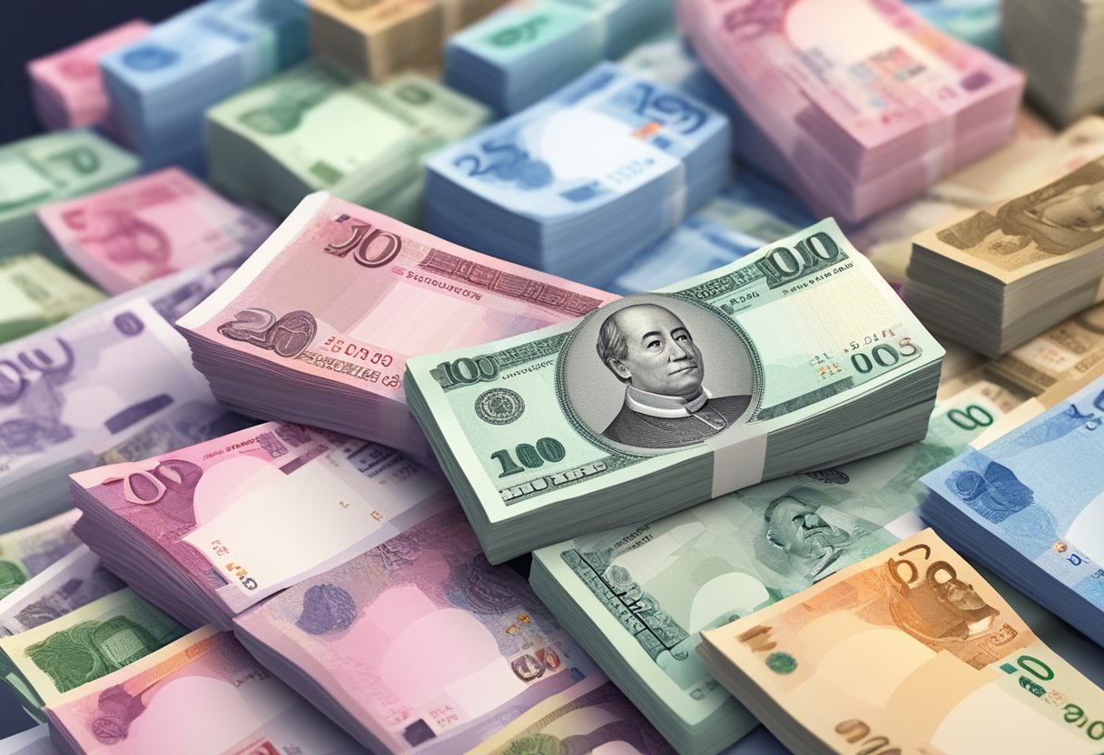 A stack of Singaporean dollar bills exchanges for a smaller stack of Thai baht bills, with a currency exchange rate chart in the background