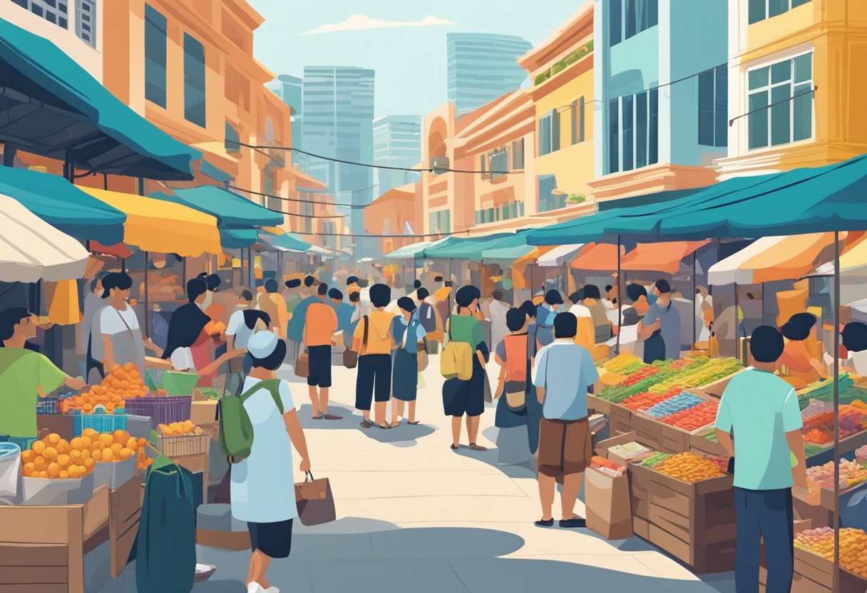 Customers and vendors exchange goods and money in a bustling marketplace in Singapore. The vibrant atmosphere is filled with colorful stalls and the sound of haggling