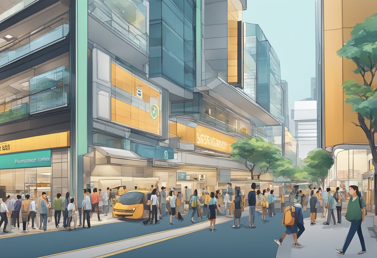 A bustling Singapore street with a prominent "Frequently Asked Questions" sign outside a modern building