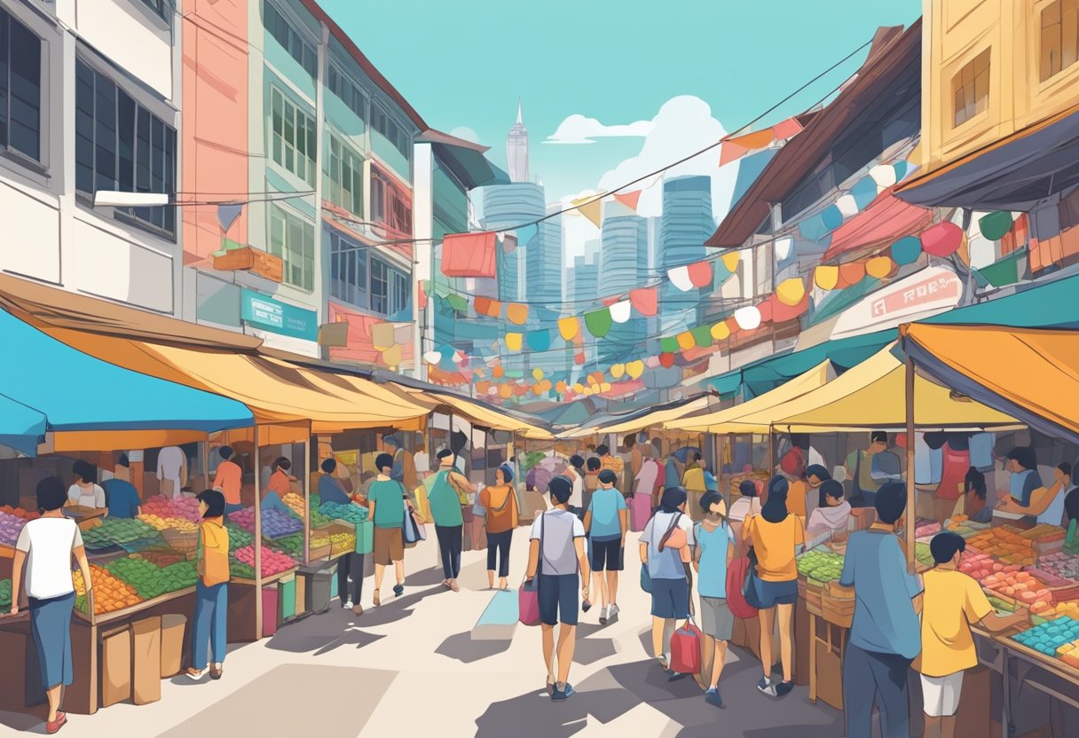A bustling marketplace in Singapore with colorful stalls and signs. People browsing and vendors answering questions