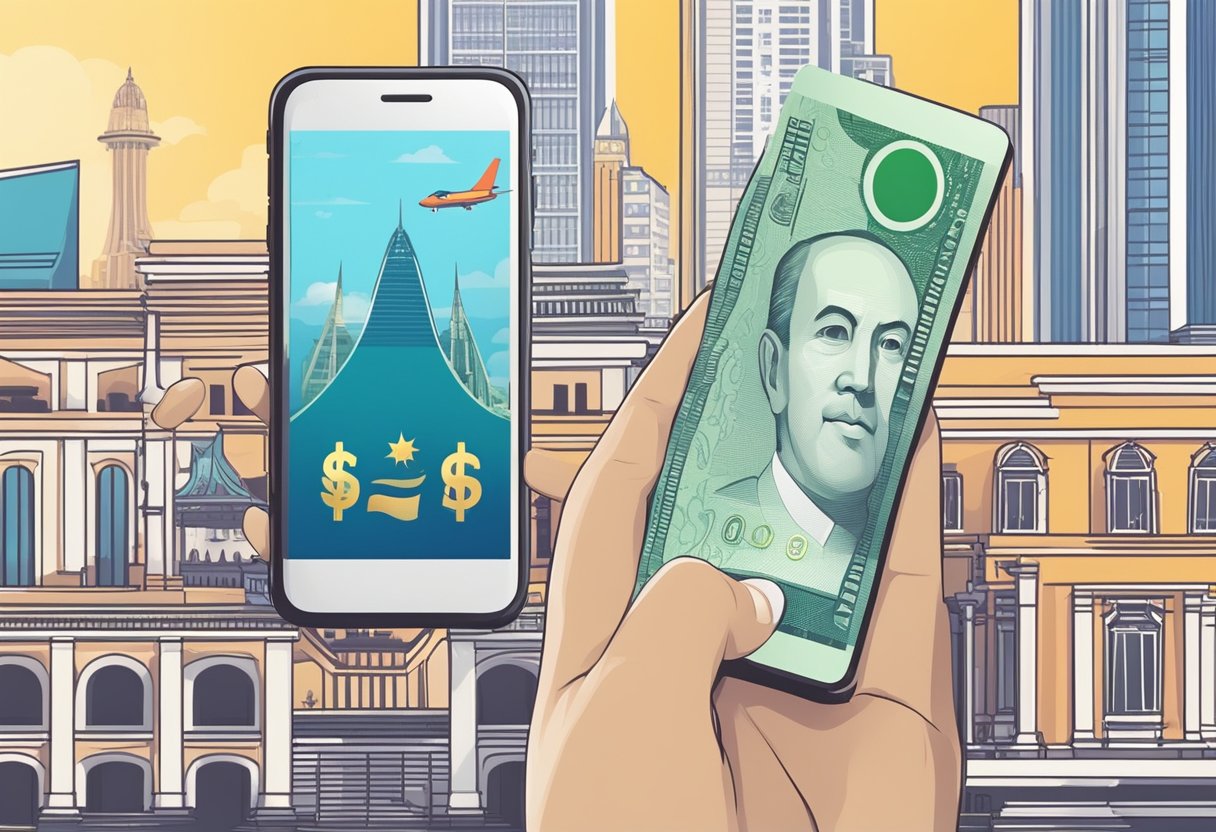 A hand reaching for a currency converter app on a smartphone, with a background of Singaporean and Thai landmarks
