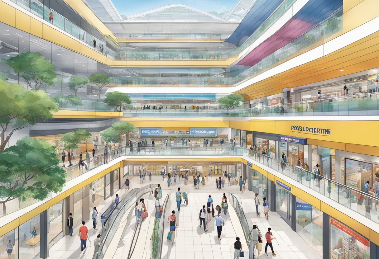 The bustling Singapore Post Centre directory displays various services and amenities, with people walking around and interacting with the different offerings