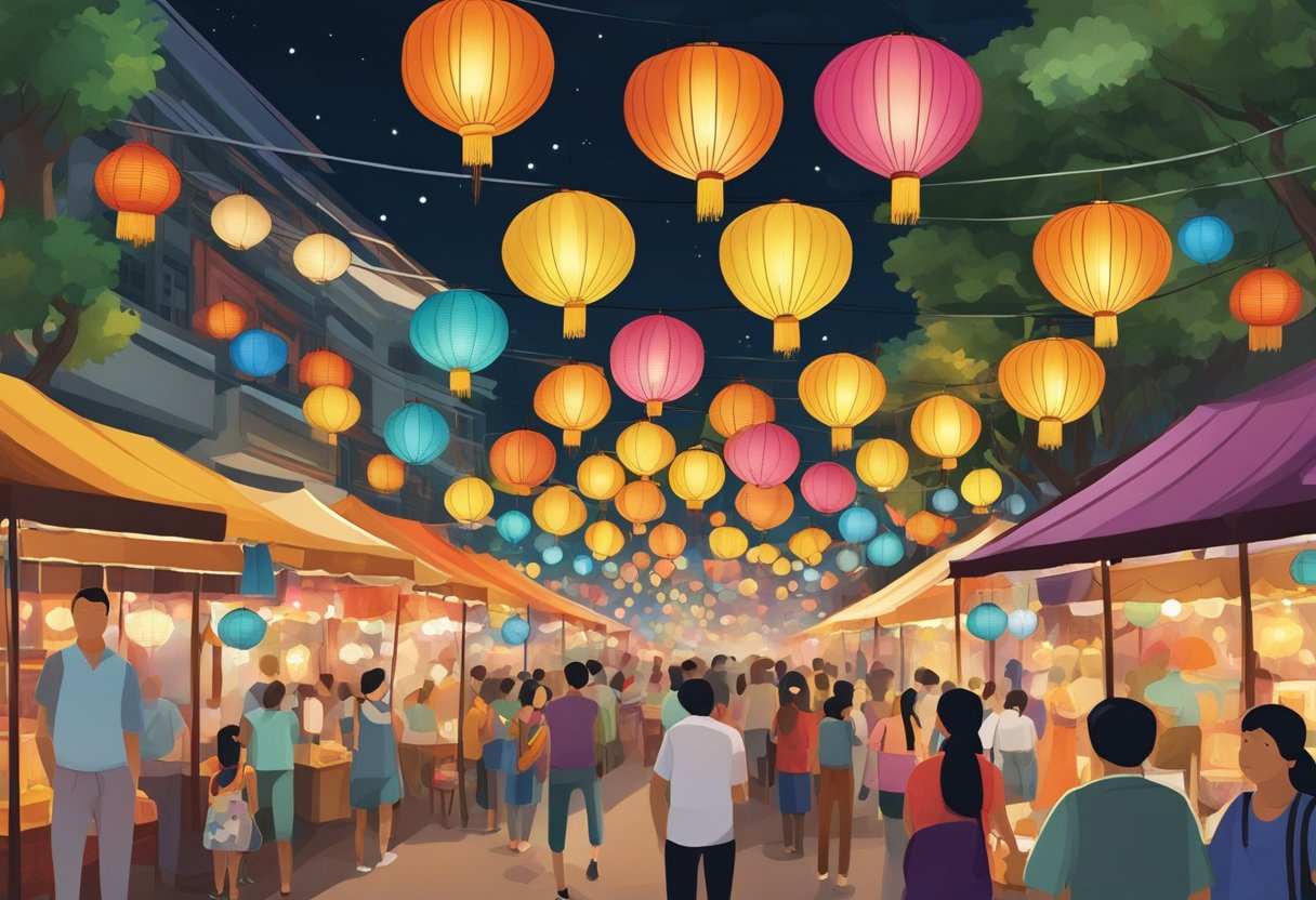Colorful lanterns hang from trees, casting a warm glow over the bustling night market. The scent of sizzling street food fills the air as families gather to celebrate the Mid Autumn Festival in Singapore