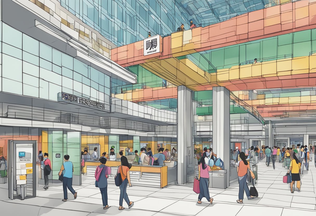 A bustling Singapore Post Centre, with people entering and exiting. Contact information displayed prominently