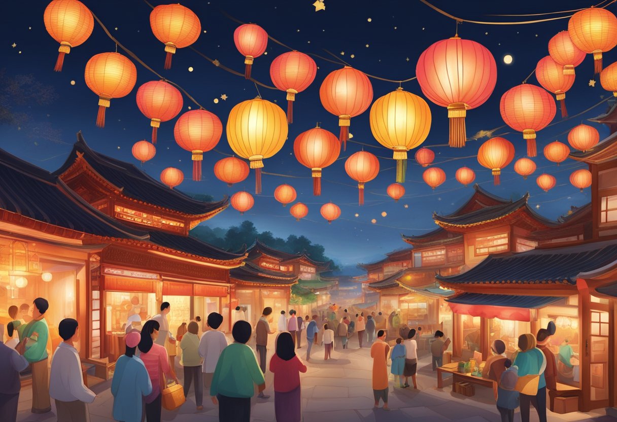 Colorful lanterns light up the night sky, casting a warm glow over bustling streets. Traditional music and laughter fill the air as families gather to enjoy mooncakes and tea