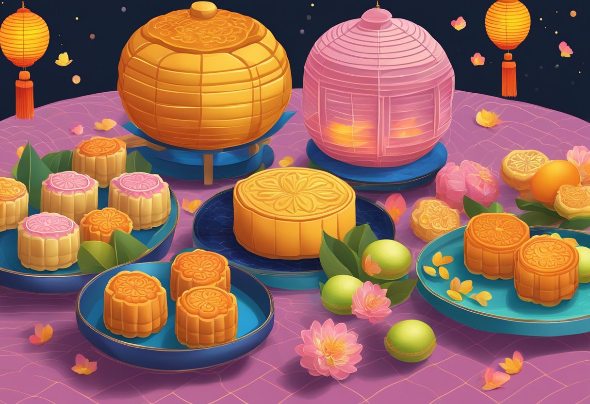 A table adorned with mooncakes, pomelos, and lanterns, symbolizing unity and abundance, set against a backdrop of vibrant mid-autumn festival celebrations in Singapore