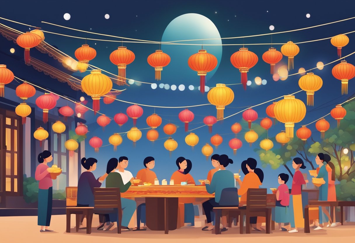 People gathering under colorful lanterns, enjoying mooncakes and tea. Festive decorations and traditional music fill the air