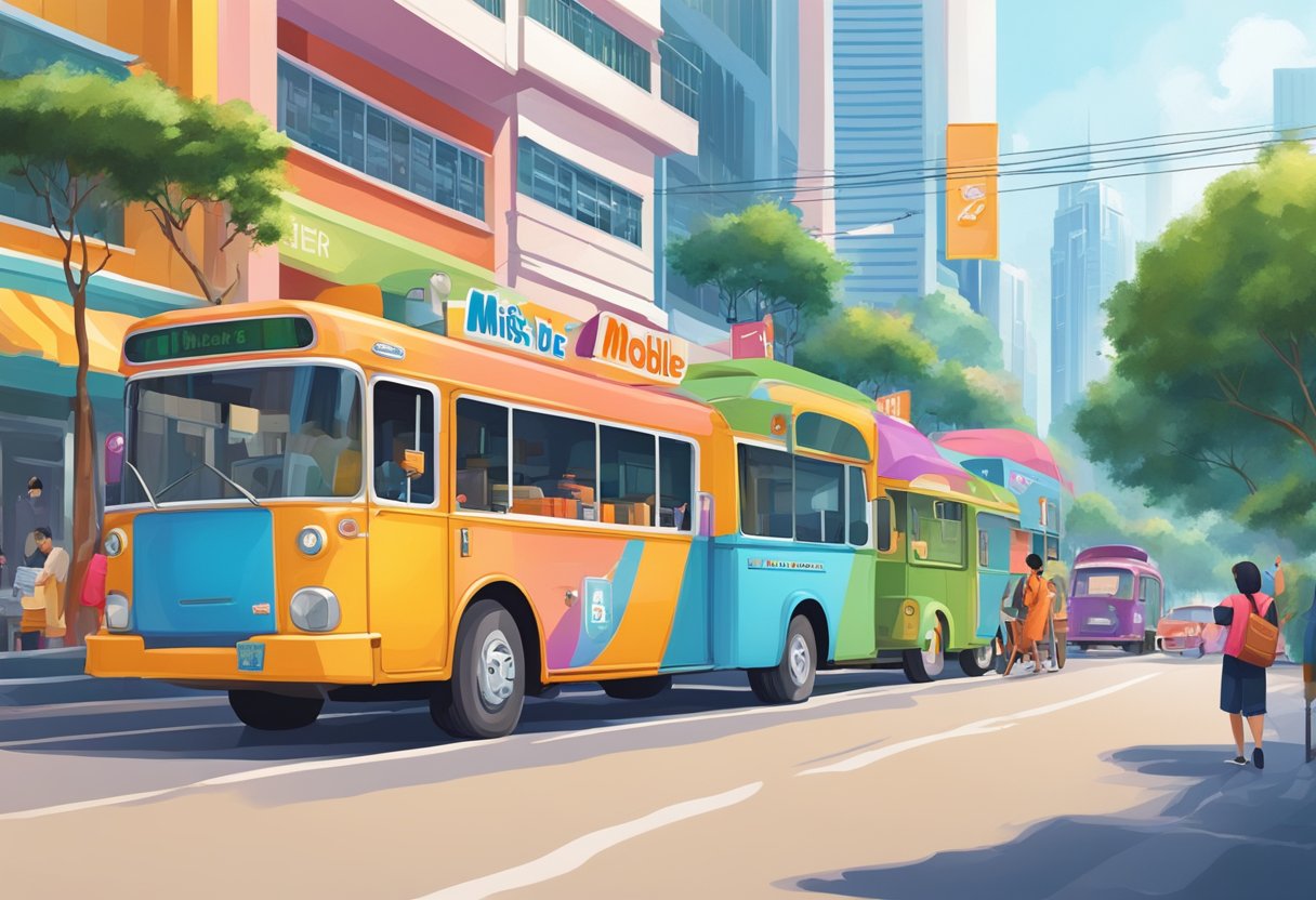 A bustling street in Singapore with the iconic Mister Mobile shop sign standing out among the colorful and vibrant surroundings