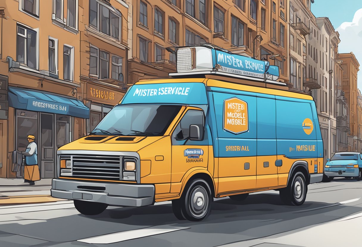 A mobile repair van parked outside a bustling city street, with a bright sign reading "Mister Mobile Services" on the side